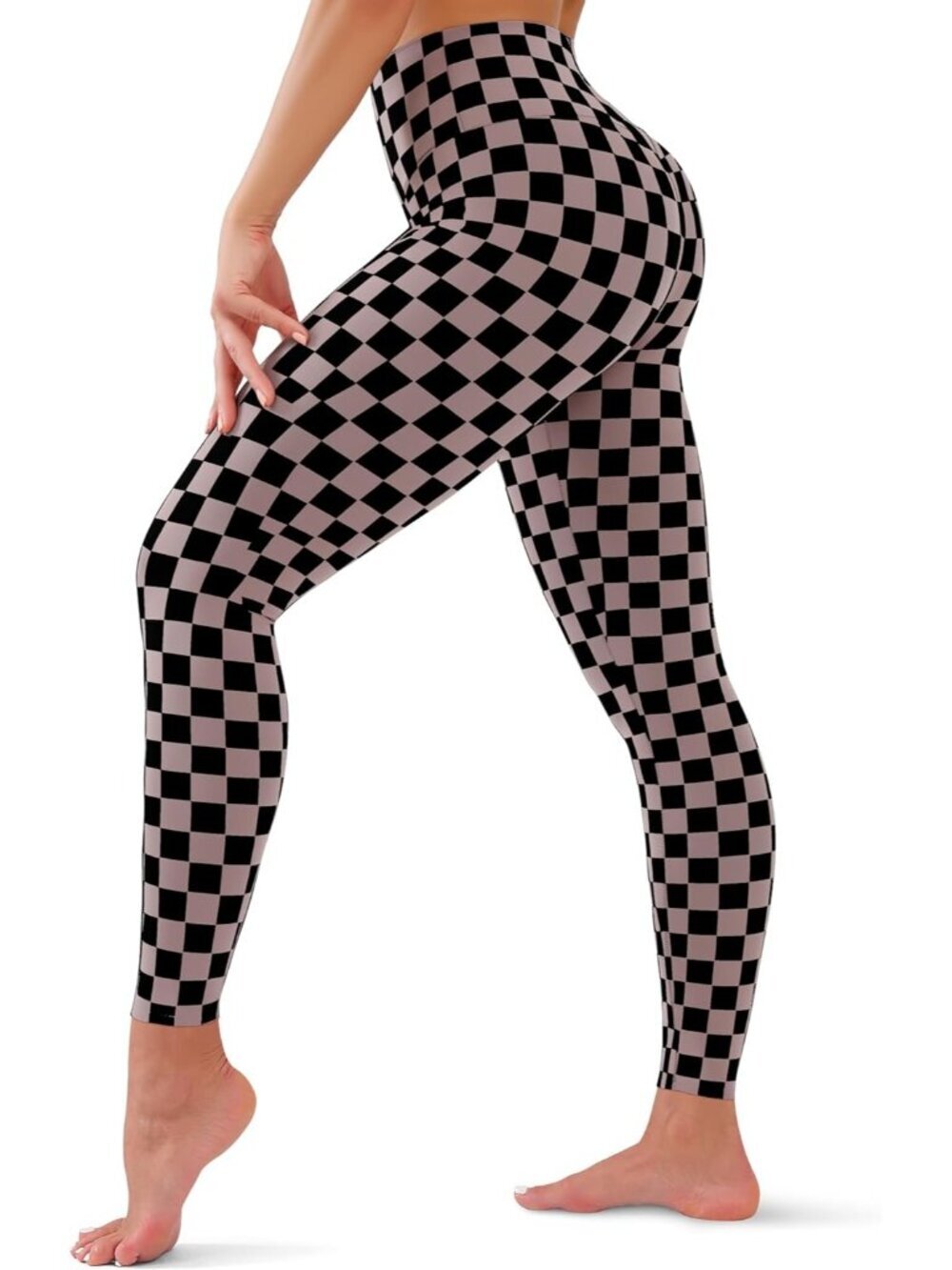 Women Brown Chessboard Tummy Control Workout High Waisted Imported Yoga Leggings
